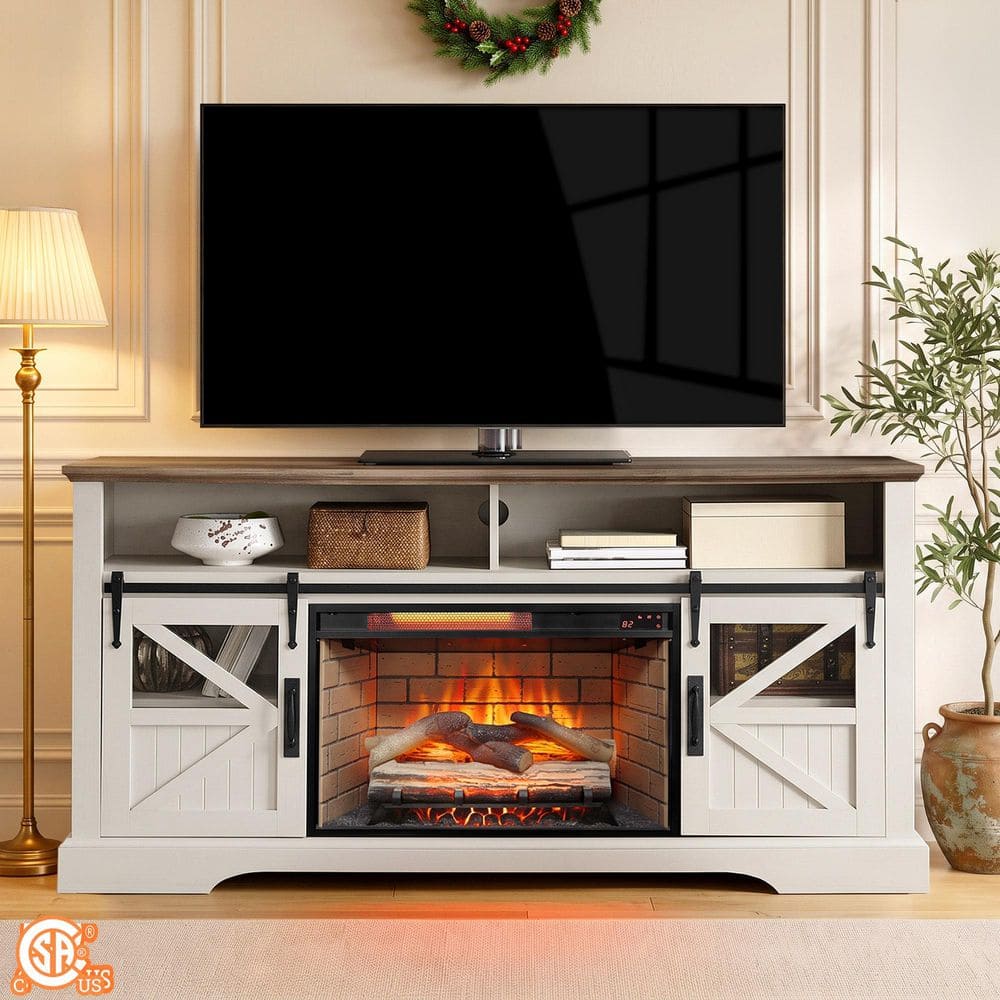 ToolCat 60 in. Freestanding Electric Fireplace TV Stand in White