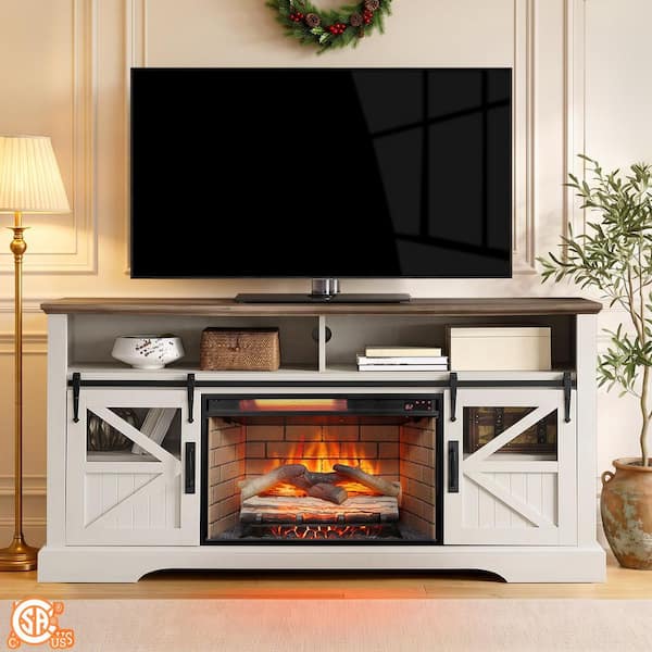 60 in. Freestanding Electric Fireplace TV Stand in White with 26 in. Fireplace Insert, Tempered Glass Front, Remote