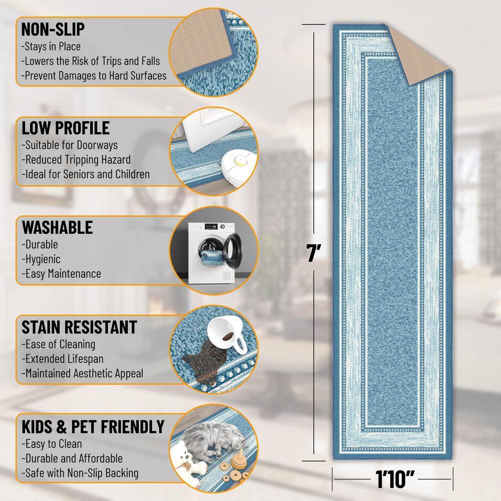 Blue Synthetic Non-Slip Washable Hallway Runner Rug
