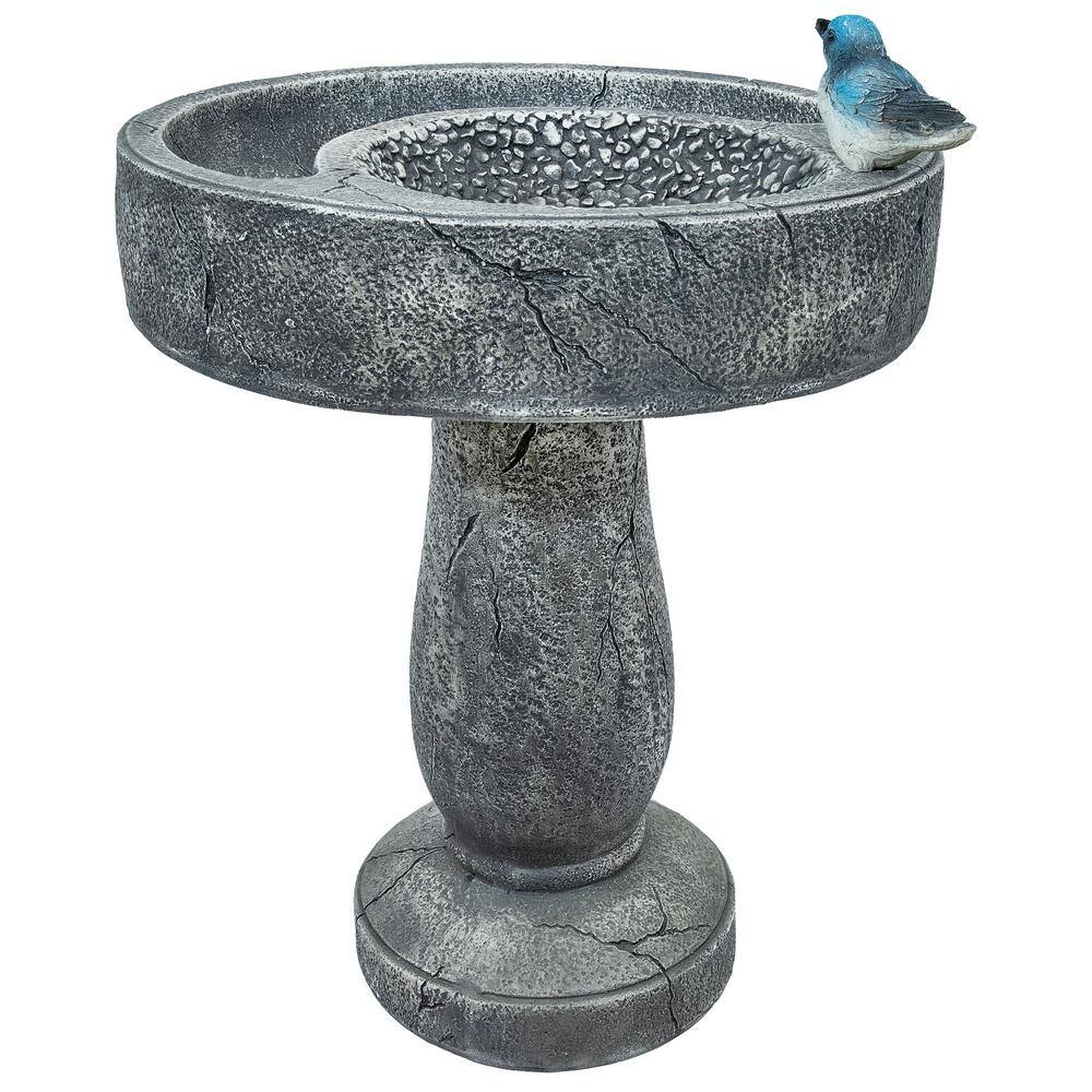 Gray Polyresin Bird Bath with Feeder Compartment, 27" Tall