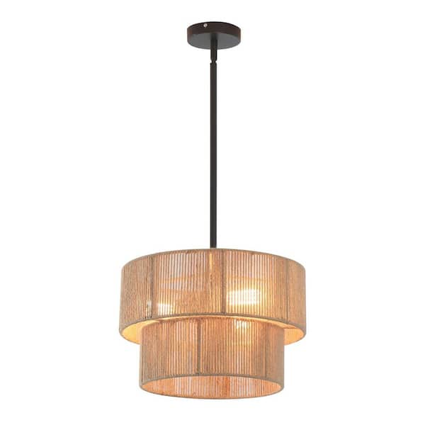 3-Light Brown Hand Woven Hemp Rope Rustic Chandelier for Living Room Dining Room, Dia 15.3 Inche
