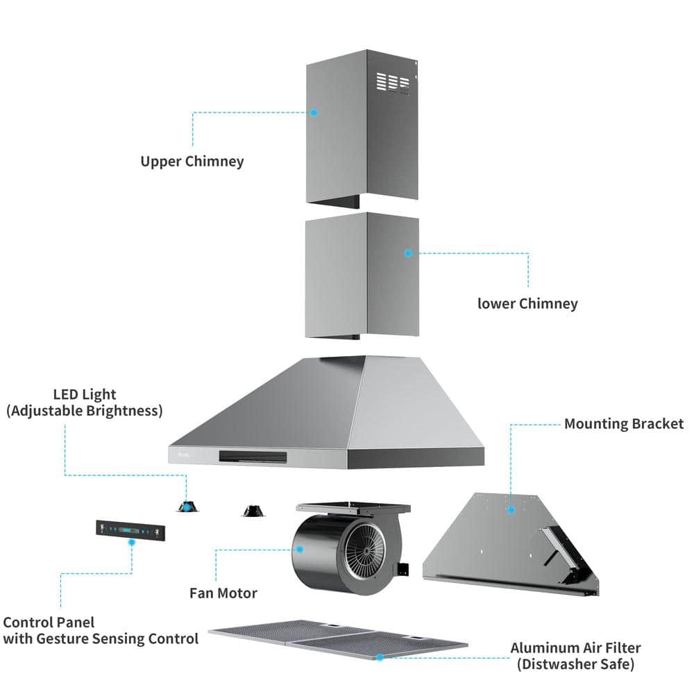 30 Inch Stainless Steel Convertible Wall Mount Range Hood with LED Lights