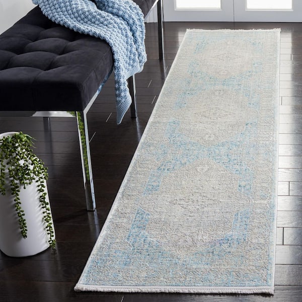 Dream 2 ft. x 8 ft. Gray/Aqua Distressed Medallion Runner Rug