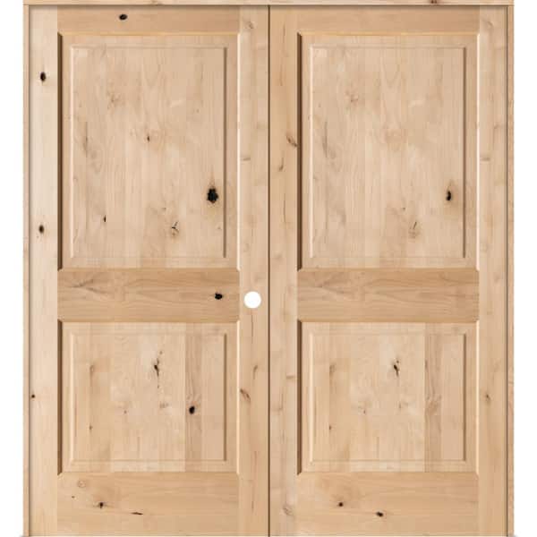 64 in. x 80 in. Rustic Knotty Alder 2-Panel Square Top Left Handed Solid Core Wood Double Prehung Interior French Door