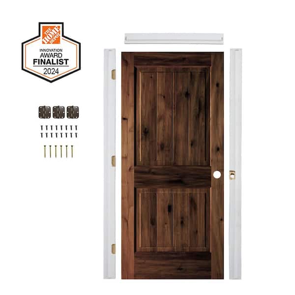 DIY 30 in. x 80 in. Alder LH Square Top VG Red Mahogany Stain Wood Single Interior Door Kit Plus Quick Assemble Jamb