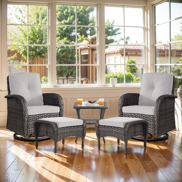 Opohoro Brown 5-Piece Wicker Patio Conversation Set with Swivel Rockers, Balcony Conversation Set with Beige Cushions