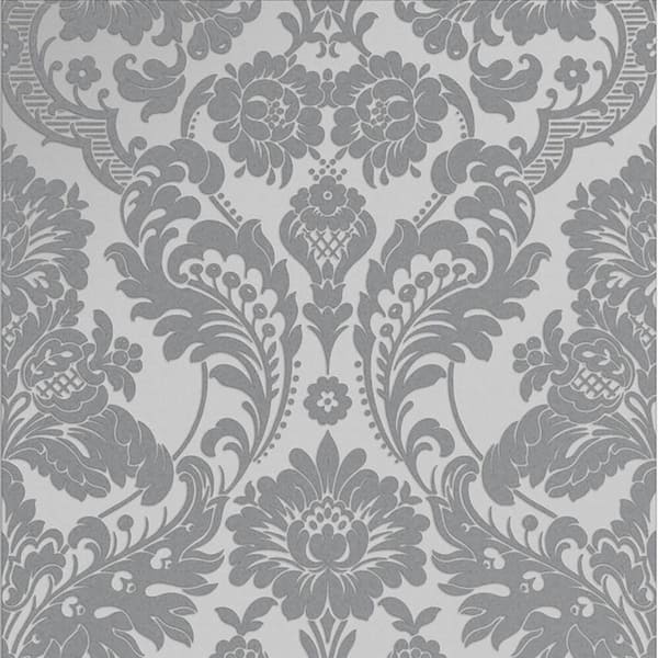 Graham & Brown Gothic Damask Flock Grey and Silver Removable Wallpaper