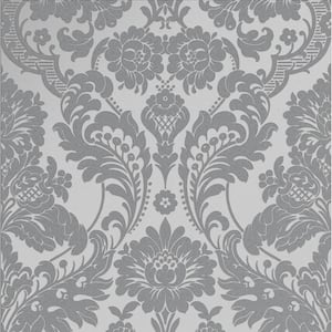 Gothic Damask Flock Grey and Silver Removable Wallpaper Sample