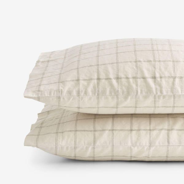 Legends Hotel Washed Linen Cotton Yarn-Dyed Windowpane Dark Brown King Pillowcase (Set of 2)