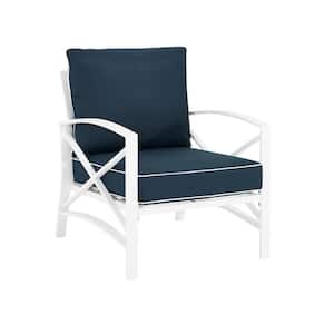 Kaplan White Metal Outdoor Lounge Chair with Navy Cushions