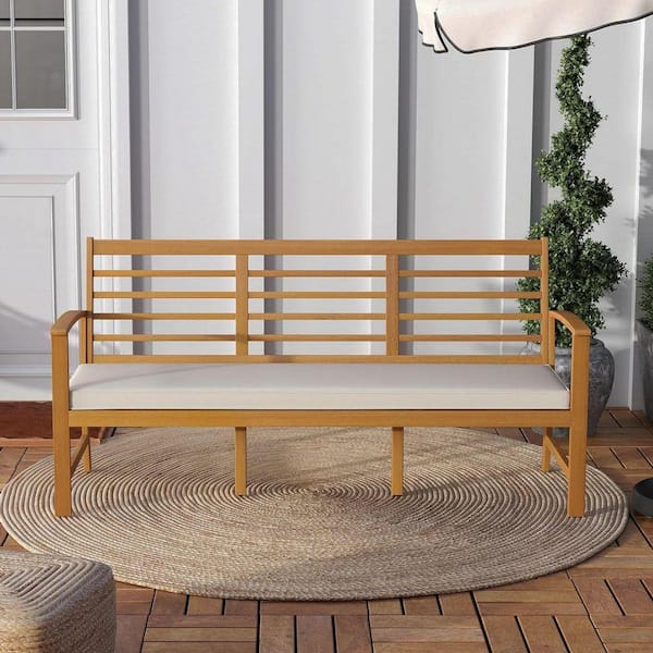 64 in. W 3-Person Wood Outdoor Bench with off White Cushion