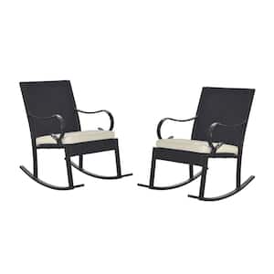 Harmony Dark Brown Faux Rattan Outdoor Patio Rocking Chairs with Cream Cushions (2-Pack)