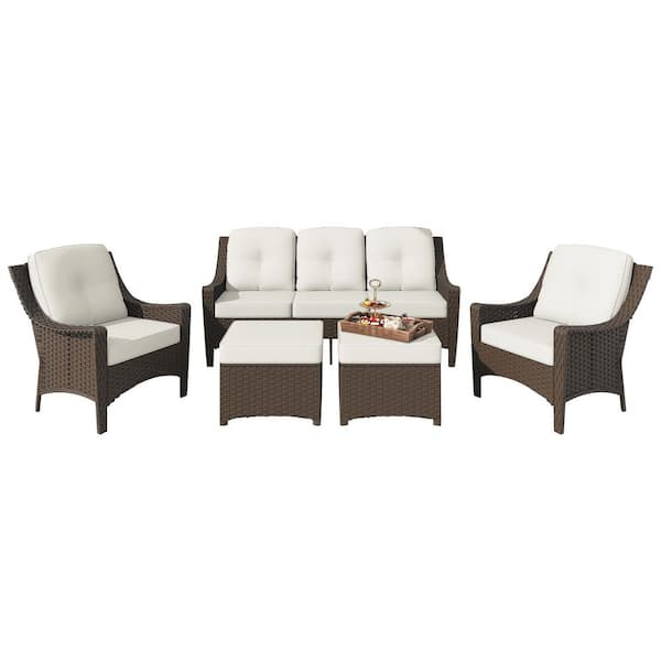 5-Pieces Wicker Outdoor Patio Conversation Set with 2-Lounge Chairs, 3-seater sofa and 2-Ottomans with Beige Cushions