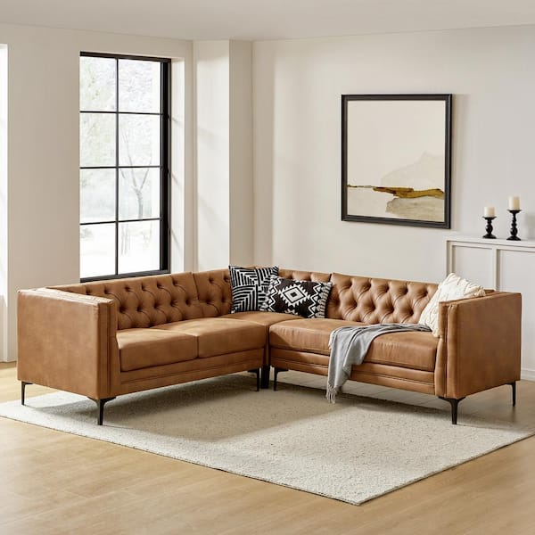 JAYDEN CREATION Oskar 90 in. Wide in Square Arm Faux Leather Tufted Upholstered Rectangle Corner Sectional Sofa in Camel SFYH0991 CML ABCDE