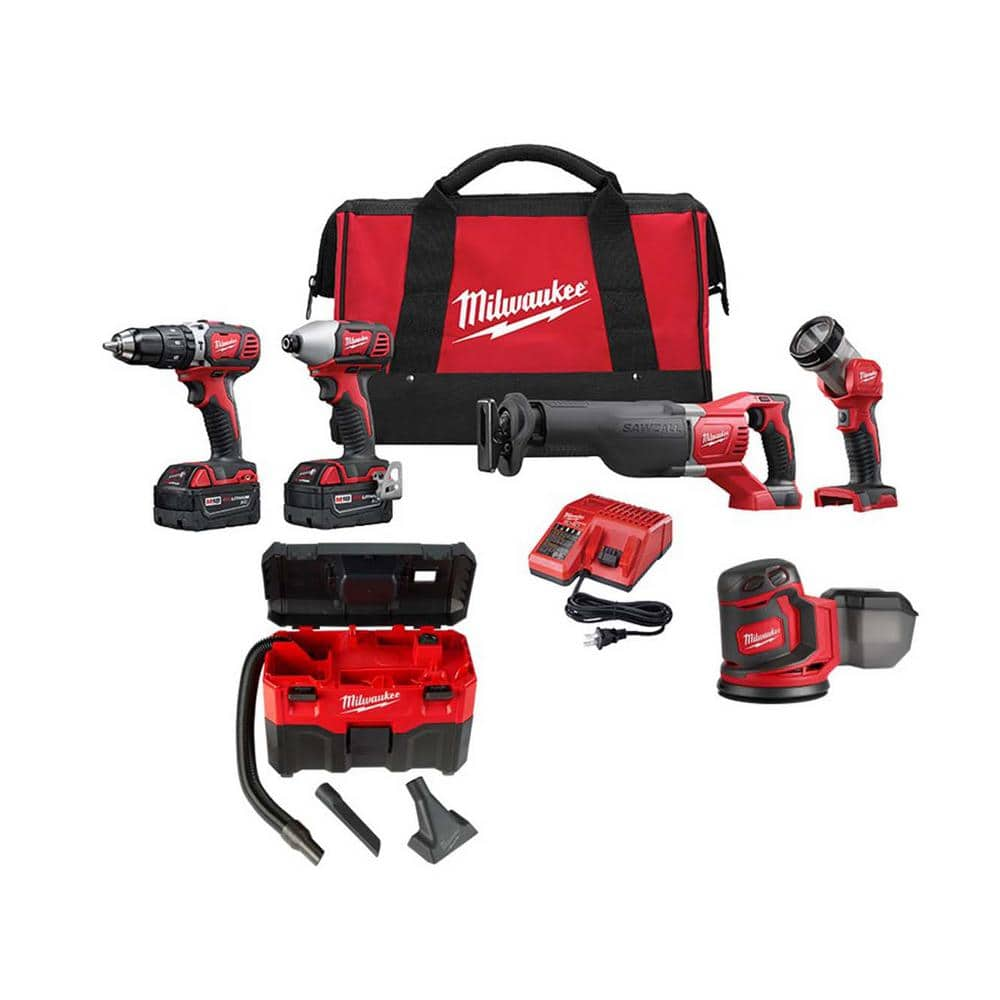 M18 18V Lithium-Ion Cordless Combo Kit with Two 3.0Ah Batteries, 1-Charger (4-Tool) w/2 Gal. Wet/Dry Vac & Sander -  Milwaukee, 2696-24-088