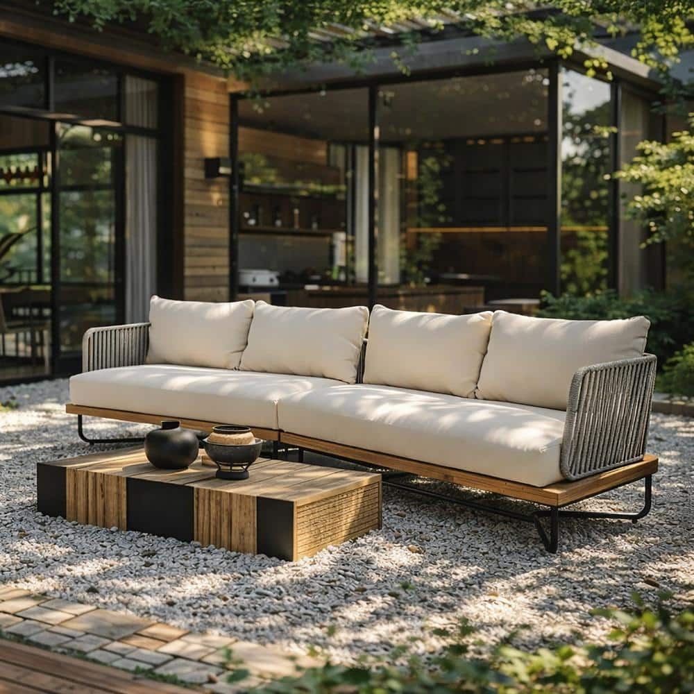 2-Piece Wood and Metal Outdoor Sectional Sofa Set with Beige Cushions price history on PriceWatchPro