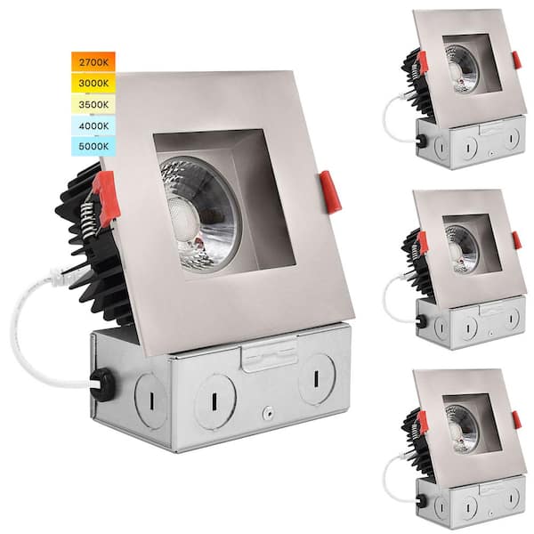 4" Square LED Recessed Light J-Box 15W 5 Color Selectable 1100 Lumens Dimmable Wet Rated IC Rated Brushed Nickel 4 Pack