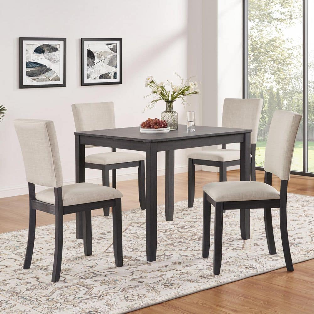 Gravell Modern 5-Piece Square MDF Top Dining Table Set with Linen Fabric Upholstered Chairs, Antique Black Plus Beige