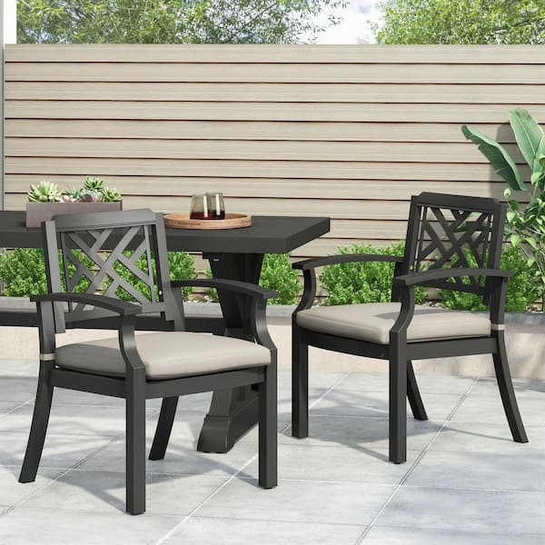 Antique Matte Black Aluminum Outdoor Dining Chair in Light Beige (Set of 2)