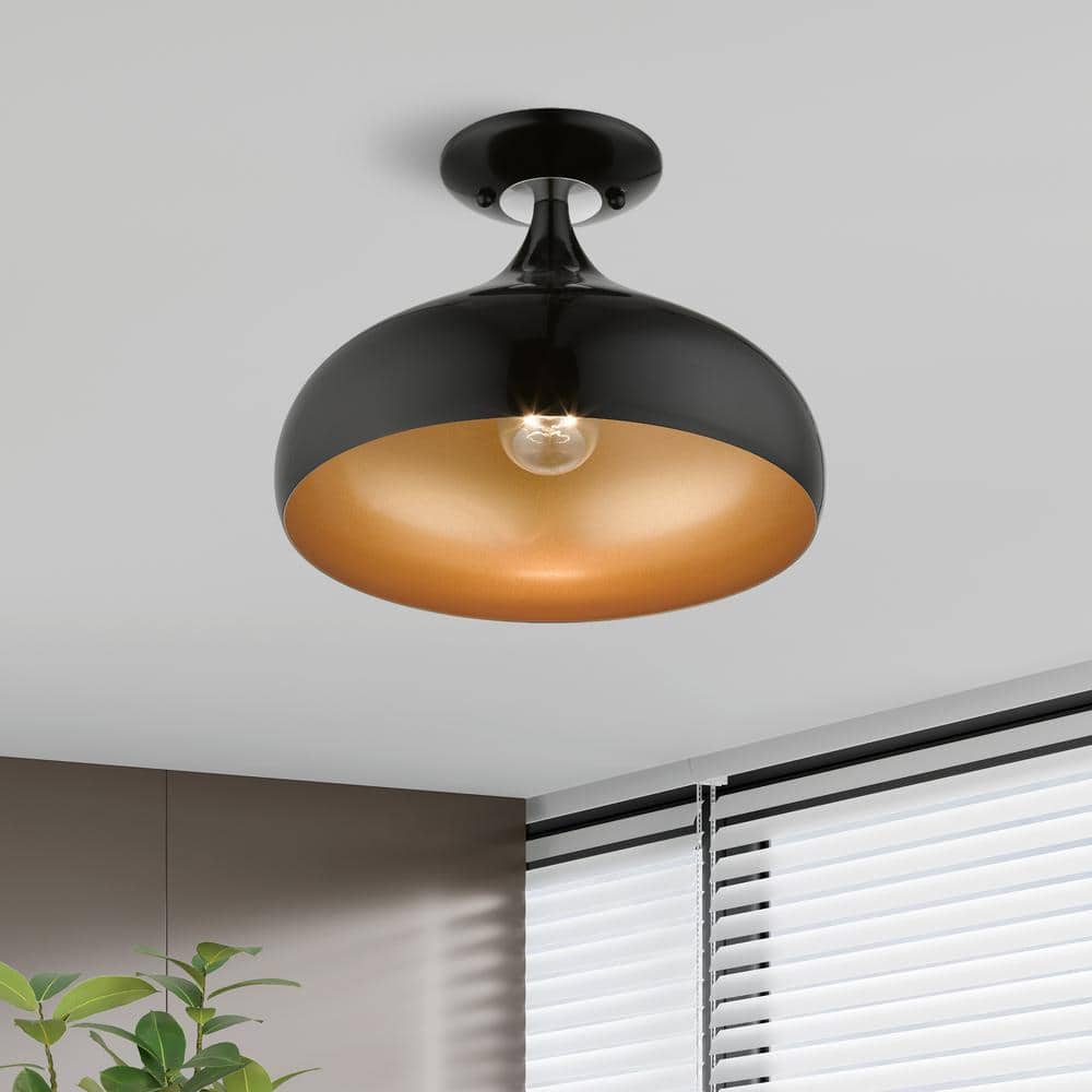 Amador Transitional 1-Light Semi-Flush Mount in Shiny Black with Gold Interior