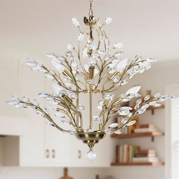 8-Light 27.5 in. Gold Crystal Modern Tiered Dimmable Chandeliers Dining Kitchen Ceiling Lights Foyer Bedroom Lighting