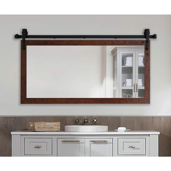 (52 in. W x 31 in. H) Dark Walnut Accent Mirror with Steel Barn Door Rail