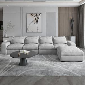 149.61 in. W Square Arm 3-Piece Linen L Shaped Reversible 4-Seater Sectional Sofa with Ottoman in Light Gray