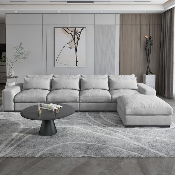 Blanco Nevelig Draad J&E Home 149.61 in. W Square Arm 3-Piece Linen L Shaped Reversible 4-Seater Sectional  Sofa with Ottoman in Light Gray JE-SF106B - The Home Depot