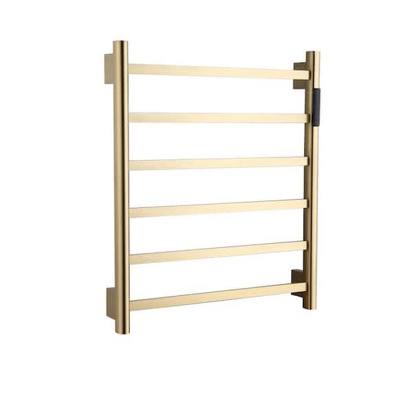6-Bar Plug-In/Hardwired Wall Mounted Electric Towel Warmer Rack in Brushed Gold with Timer Waterproof