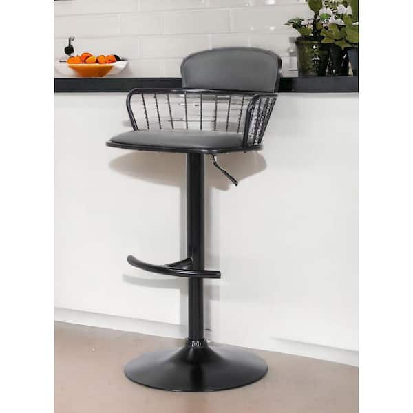 HomeRoots 33 in. Black and Gray Low Back Metal Bar Stool Faux Leather Seat