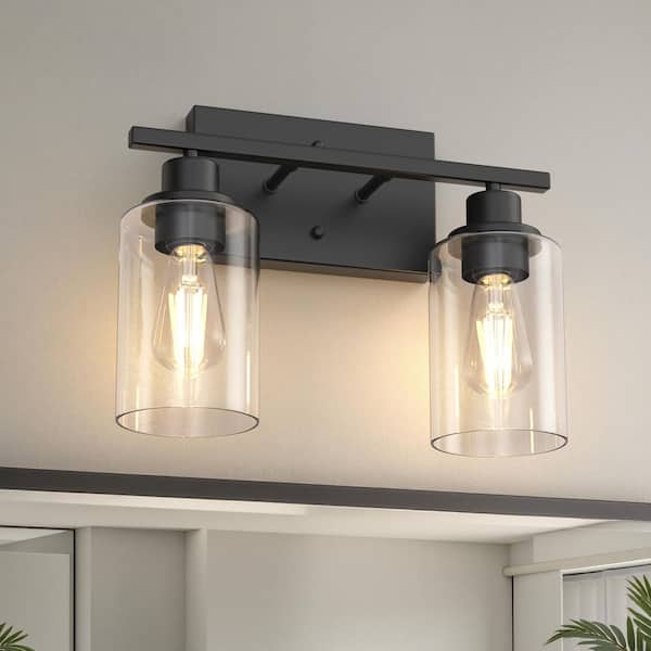 13.4 in. 2 Light Matte Black Vanity Light with Clear Cylinder Glass Shades for Industrial Bathroom Design