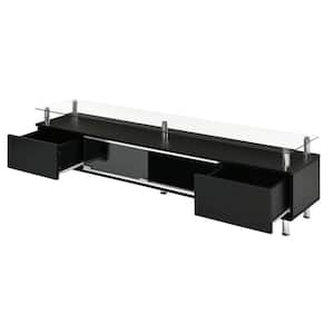 67.3 in. W x 13.7 in. D x 16.5 in. H Tempered Glass TV Stand Black Linen Cabinet with Glass Door and Drawers