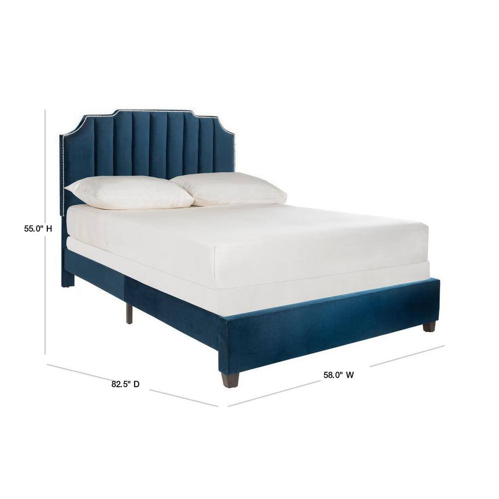 Elegant Navy Full-Size Velvet Upholstered Platform Bed with Nailhead Trim