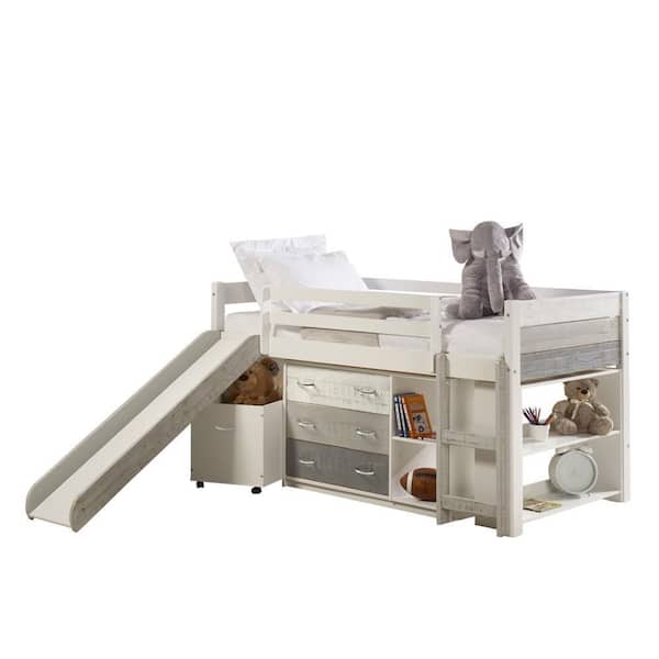 White Two-Tone Grey Twin Panel Low Loft Bed with Slide, Bookcase and Shelves