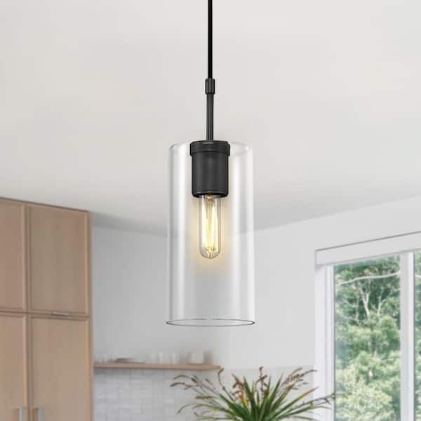 1-Light Dimmable LED Black Kitchen Island Pendant Light with Clear Glass Shade, for Living Room, Dining Room, Bedroom