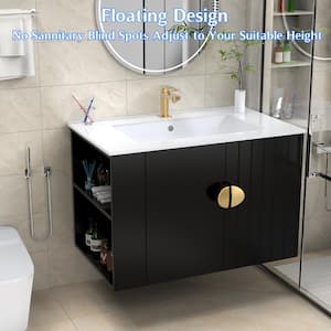 30 in. W Single Sink Floating Bath Vanity in Black with White Ceramic Top Unassembled, 2-Doors and Left Open Shelves