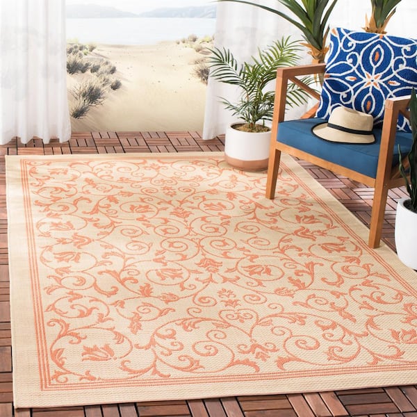 Courtyard Natural/Terracotta 9 ft. x 12 ft. Border Indoor/Outdoor Patio  Area Rug