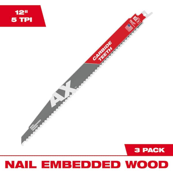 Milwaukee 12 in. 5 TPI AX Carbide Teeth Demolition Nail-Embedded Wood Cutting SAWZALL Reciprocating Saw Blades (3-Pack)
