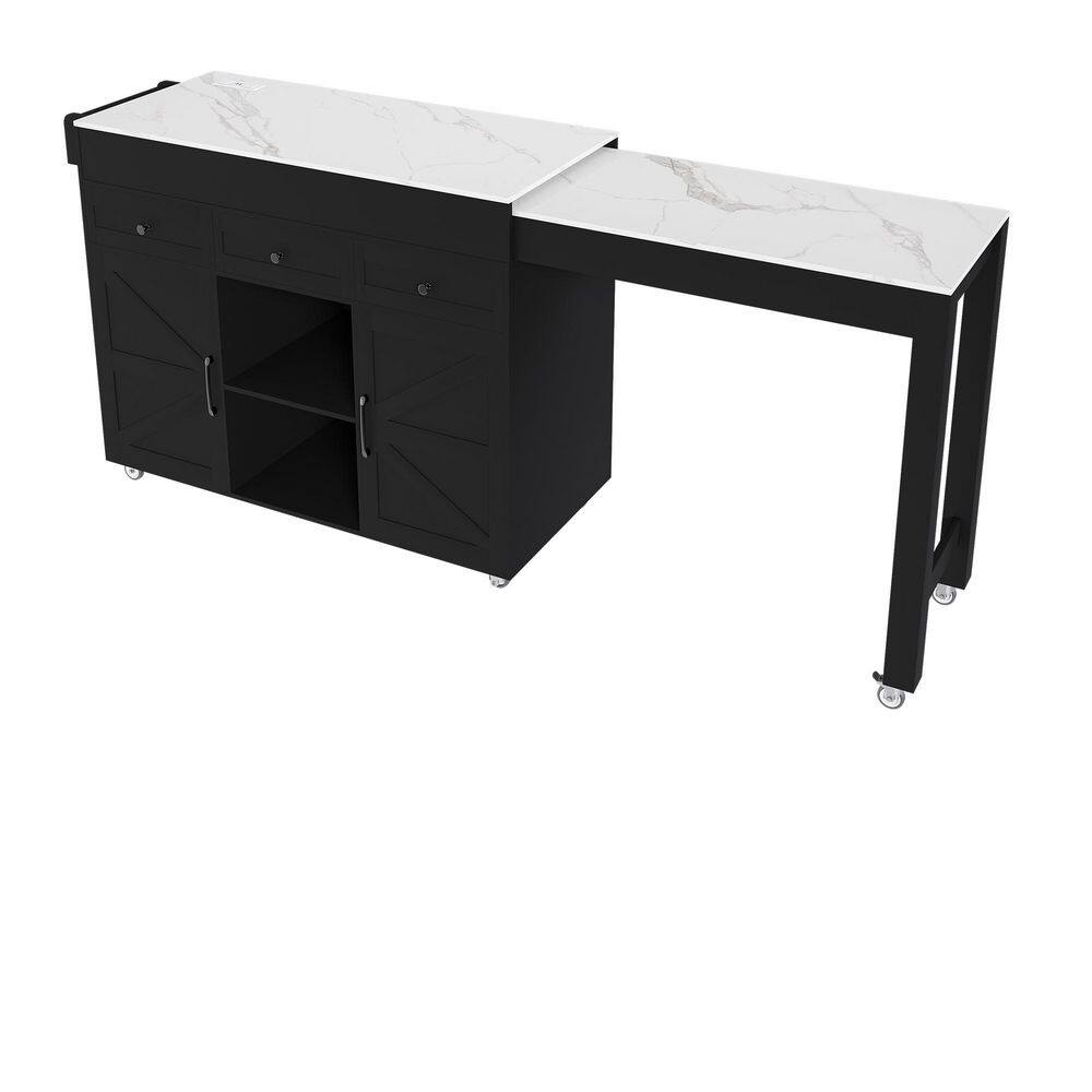 Black MDF 74.8 in. Kitchen Island Cart with Extendable Dining Table, 6 Wheels, 3 Drawers & 2 Door Cabinet price history on PriceWatchPro