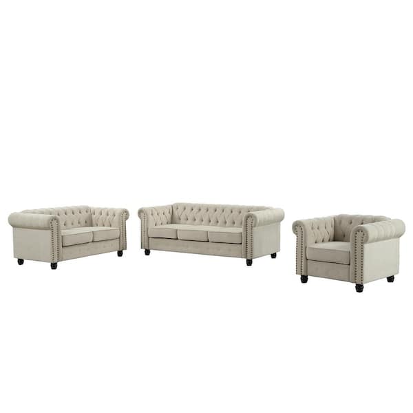 Morden Fort Linen Couches for Living Room Sets, Chair, Loveseat and Sofa 3-Pieces Top Beige