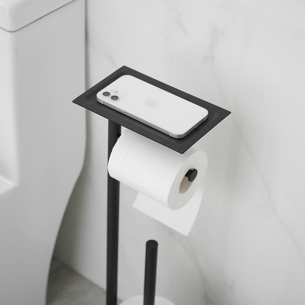 Matte Black Freestanding Stainless Steel Toilet Paper Holder with Storage Shelf