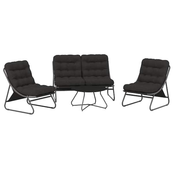 Clihome 4-Piece Metal Patio Furniture Set Modern Outdoor Conversation Sofa Sets with Coffee Table and Black Cushions