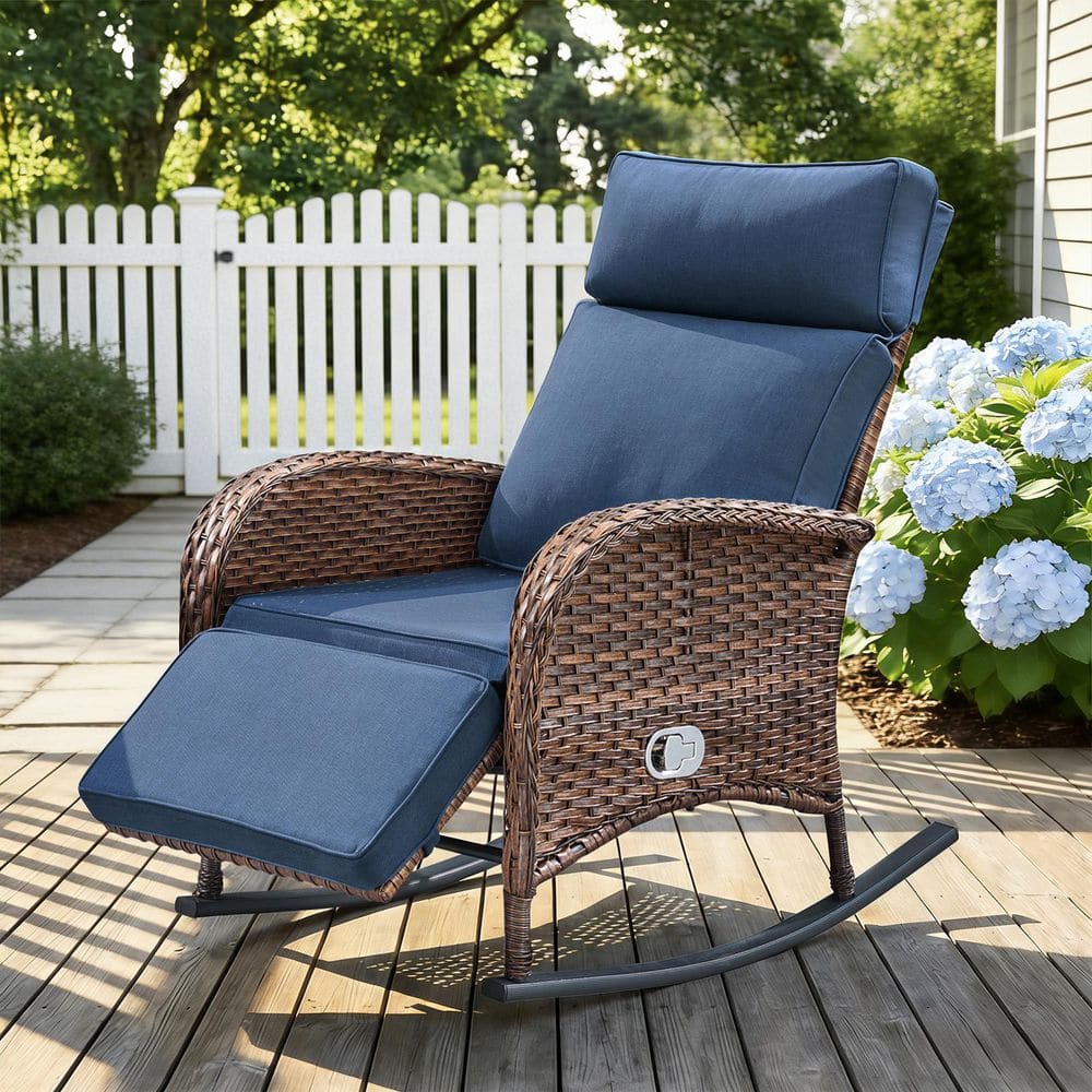 Carlos Brown 1-Piece Wicker Outdoor Rocking Recliner Patio Adjustable Chaise Lounge with Blue Cushions price history on PriceWatchPro