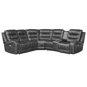 Bergen 101 in. Straight Arm 6-piece Faux Leather Modular Power Reclining Sectional Sofa in Gray