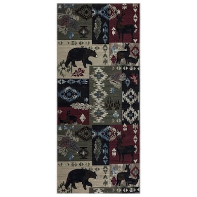 Brown and Grey Black Lodge Style Runner Rug with Bear Design Non-Skid 