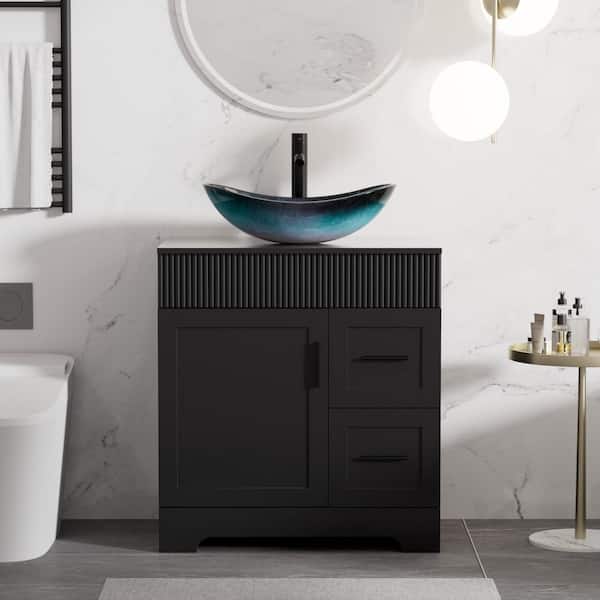 30 in. W x 20 in. D x 32 in. H Single Sink Black Bath Vanity with Turquoise Oval Glass Vessel Sink Top