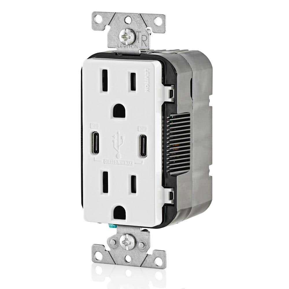White 15A Tamper-Resistant Outlet with Dual USB Type-C Ports