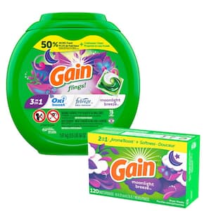Flings 3 in 1 Moonlight Breeze Scent Laundry Detergent Pods (76-CNT) + Moonlight Breeeze Dryer Sheets (120-CNT) Bundle