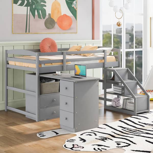 Qualler Gray Twin Size Loft Bed with Multifunctional Movable Built Desk and Staircase