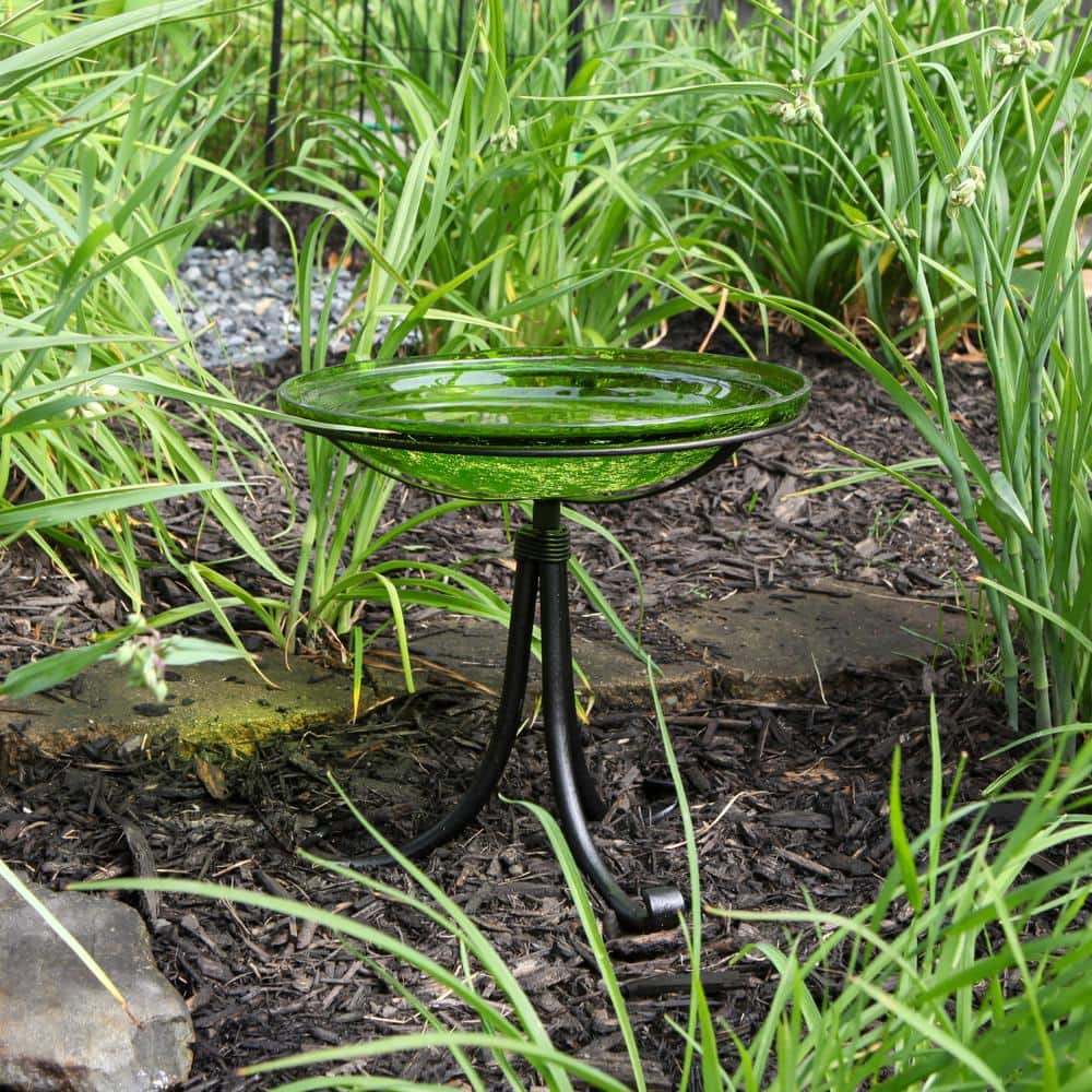 Fern Green Crackle Glass Birdbath with Wrought Iron Stand